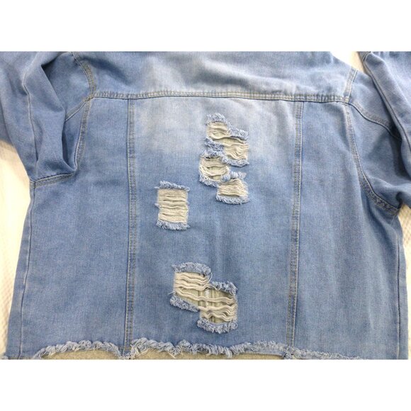 Distressed Denim Hooded Jacket With Playful Rips & Layered Style 1X Thrill Jeans - Picture 12 of 13